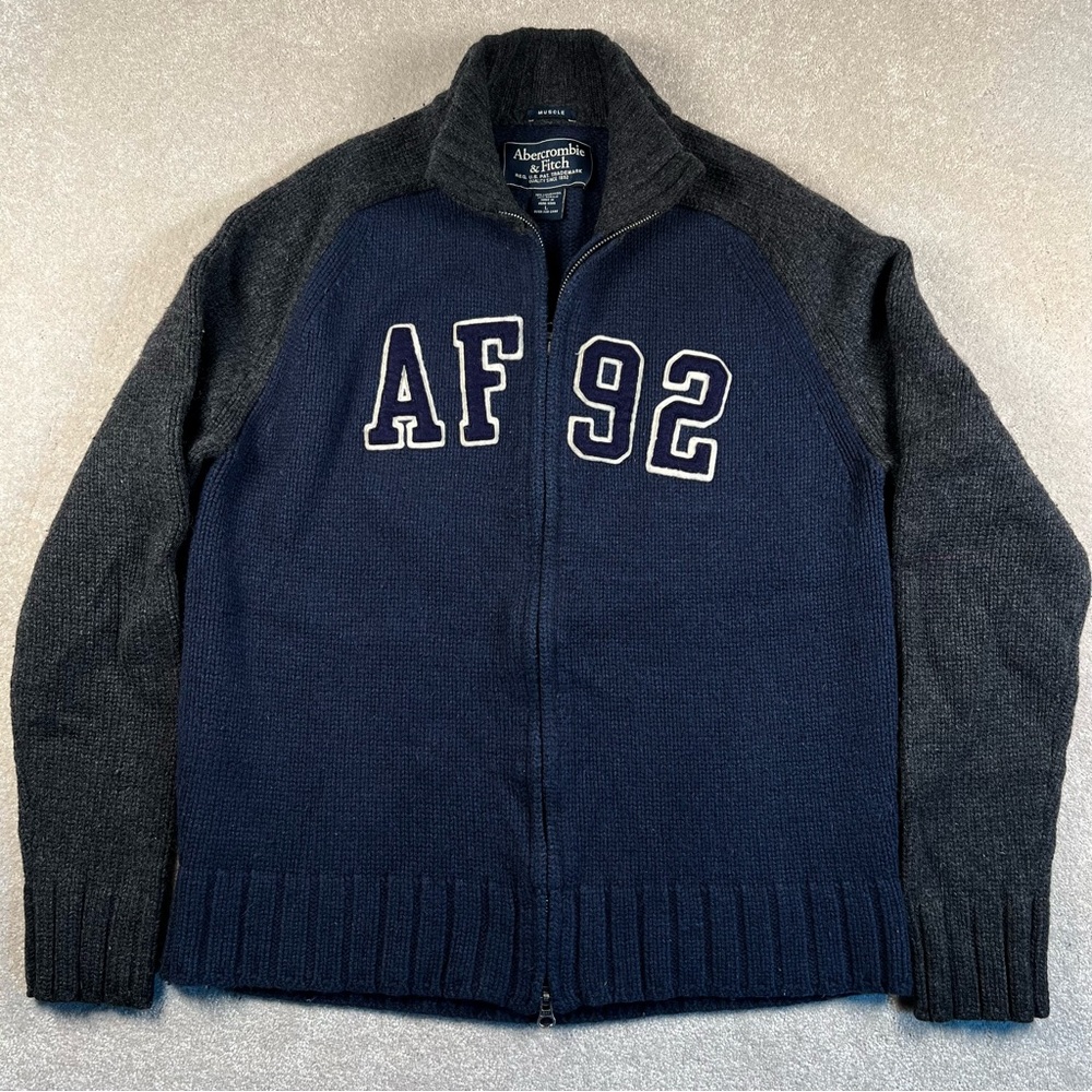 Vintage Y2K Abercrombie & Fitch Men Lg Sweater Muscle‎ Lambswool Blue Double Zip